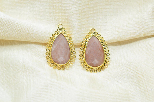 Peach Moonstone 12x20mm Teardrop Bezel Charms,Gemstone Brass Component,Wholesale Jewelry,Single Bail Pendant,Handmade Jewellery Connectors