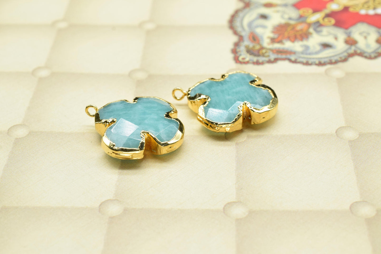 Amazonite 20mm Pendant Charm,Clover Shape Pendant,Amazonite Pendant jewelry,Gemstone Component Pendant,Handmade Electroplated Connector,Gift