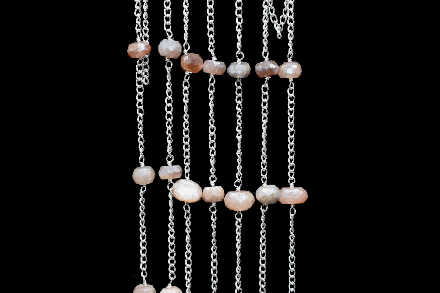 Peach Moonstone Coted Beads Rosary,Silver Plated,Wire Wrapped link Stone Rosary Chain,Bead Supplies,Craft Supply Rosary,Handmade Beads Chain