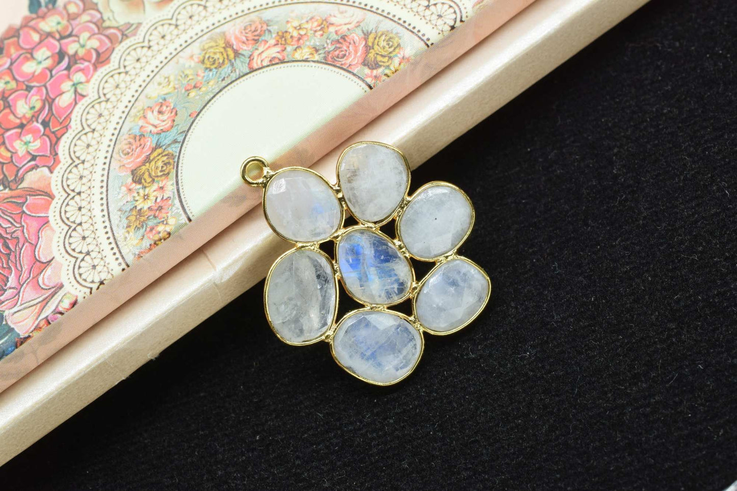 Rainbow Flower Pendant,Gemstone single bail connectors,Moonstone jewelry making Craft,Handmade Jewelry,Chandelier Earring Connector,Gift