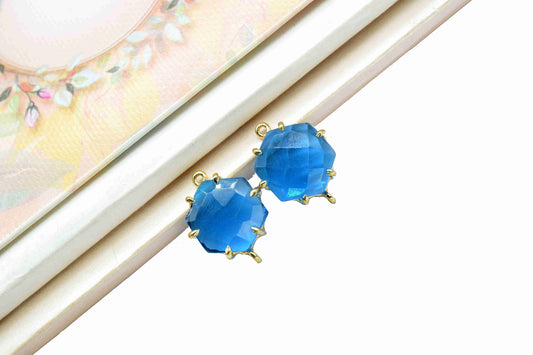 Blue Topaz Hexagon Connector,double bail connector,Charm for bracelet necklace Jewelry Making,Handmade Gemstone Bezel,Beads Prong Jewelry
