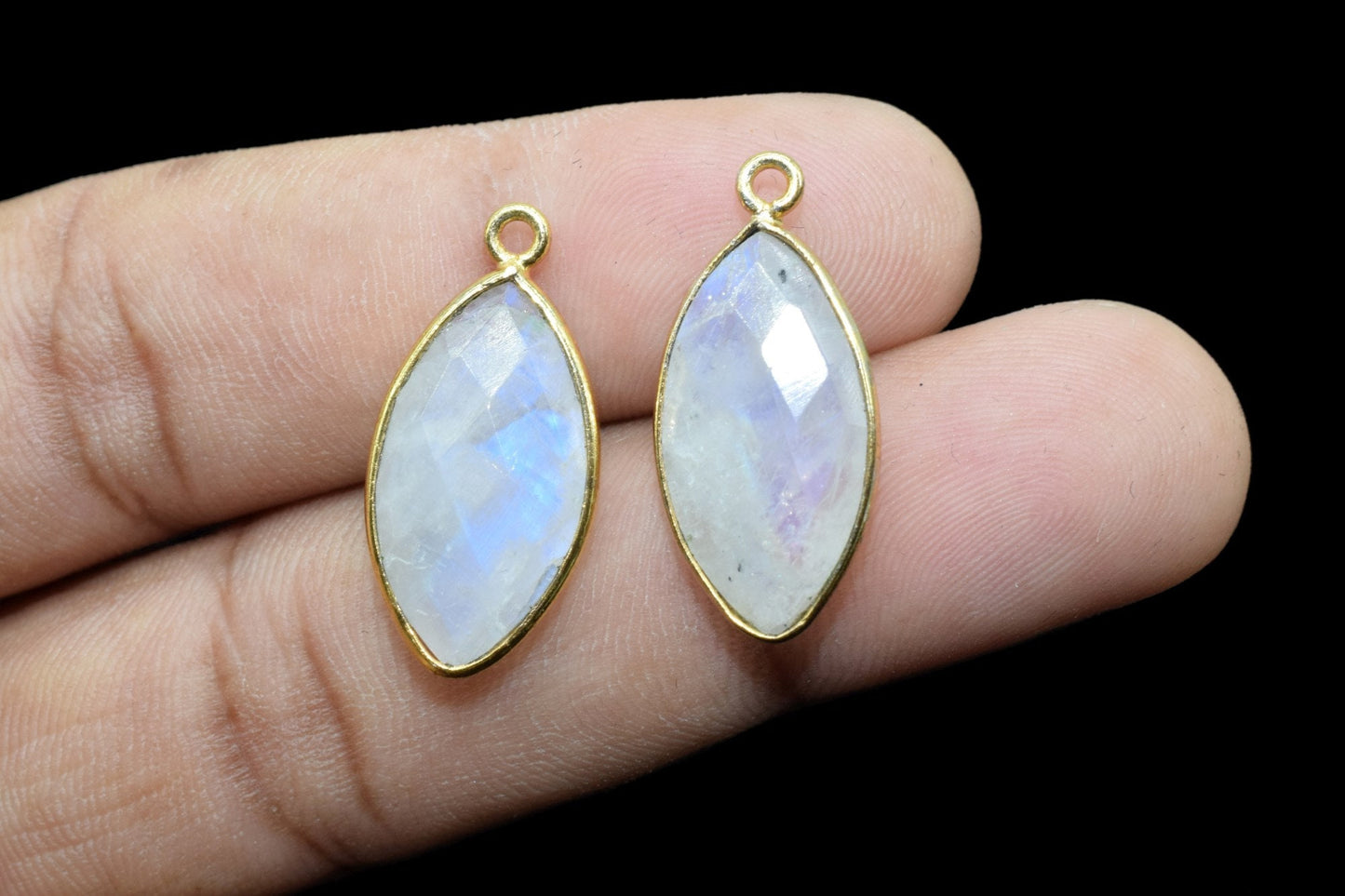 Moonstone 10x20mm marquise shape charm,Elegant Moonstone Gemstone Components marquise Shape Connectors,Single Bail Over Brass Gold Jewelry