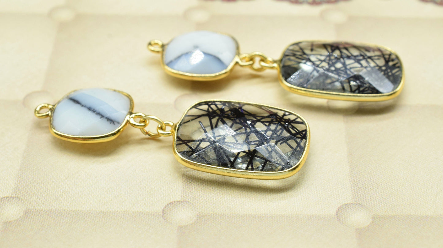 Dendrite Opal Dangle Component pendant,Multi Stone Dangle Earring,Square Shape Pendant,Black Rutile pendant Charm,Gemstone Bezel Connector