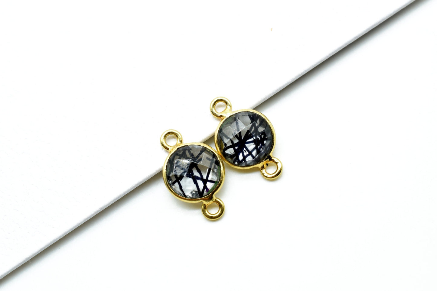 Black Rutile 8mm double bail connector,Black Rutile Pendant,Black Rutile Round Gold Plated bezel,jewelry making charm,Brass Rutile connector