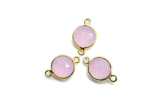 Pink Chalcedony 10mm Round double bail connectors,Pink Chalcedony Gold Plated Gemstone Bezel Connector,Pink chalcedony Double Loop connector