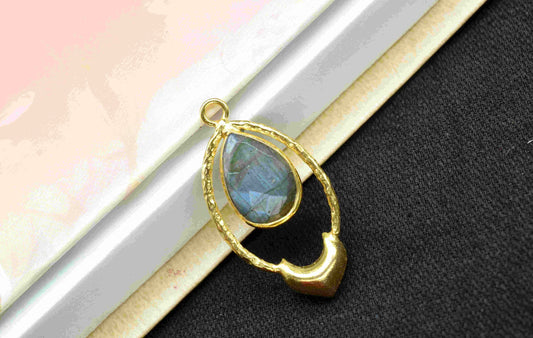 Labradorite Pear Shape Pendant , Labradorite Handmade Pendant , Multi Gemstone Charms , Gold Plated Gemstone Connectors , Summer Collection