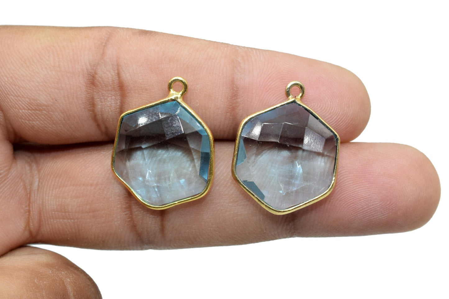 Sky Topaz 16mm Hexagon Shape Pendant,Gold Plated Single Bail Gemstone Connector,Faceted Hexagon Shape Gemstone Bezel,Topaz Hexagon Charms