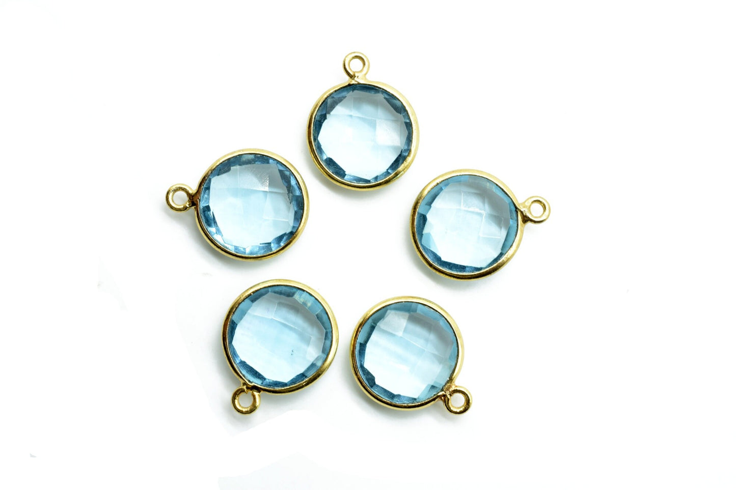 Sky Topaz 12mm Round charm,Brass Gold Plated bezel,Sky Topaz Pendant,Teardrop,Light Gold Bezel Trim Edge Faceted Gemstone,Sky Topaz charm