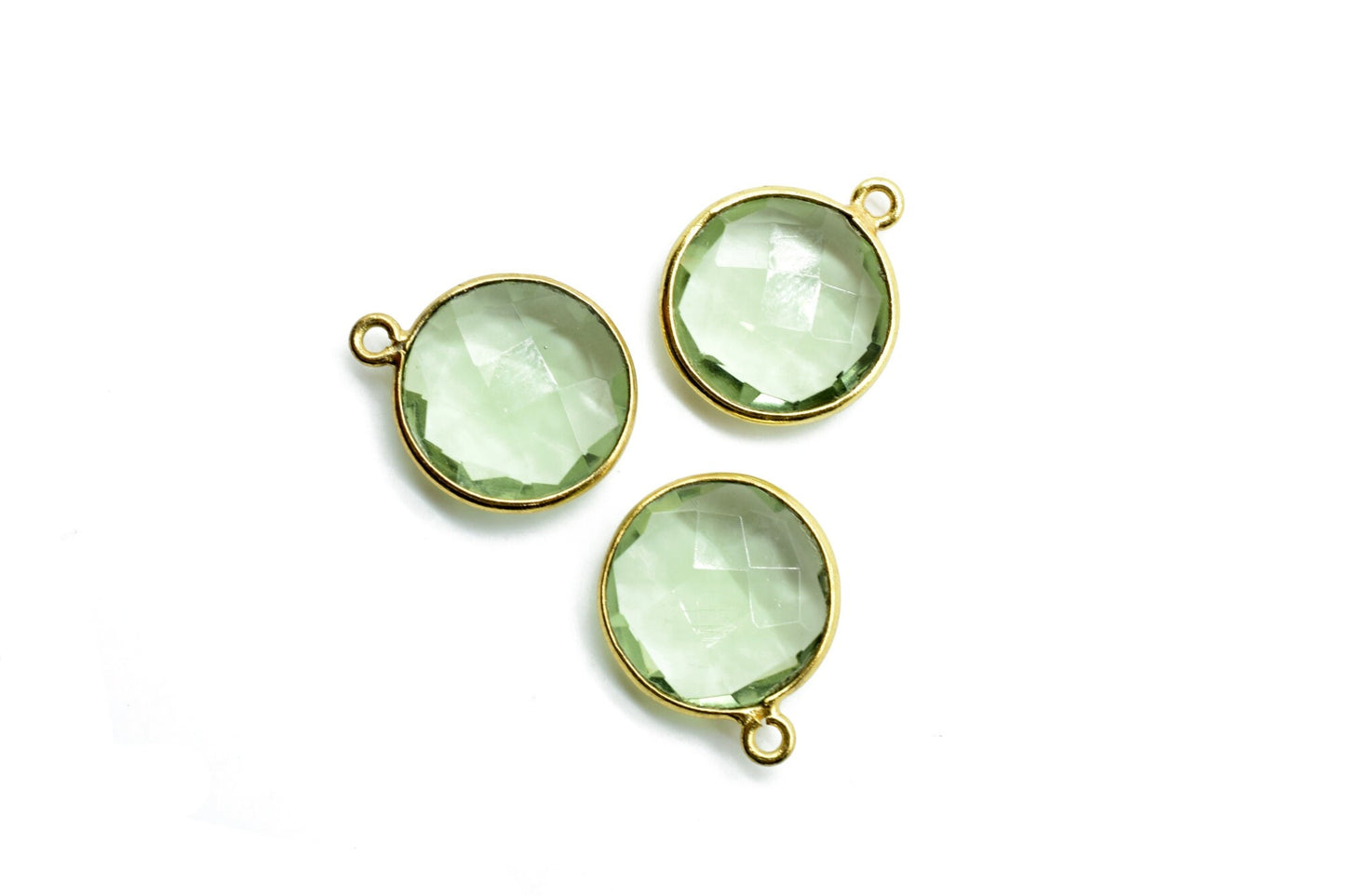 Green Amethyst 14mm Round charm,Brass Gold Plated bezel,Green Amethyst single Bail Pendant,February Birthstone Coin Links,Jewelry Findings