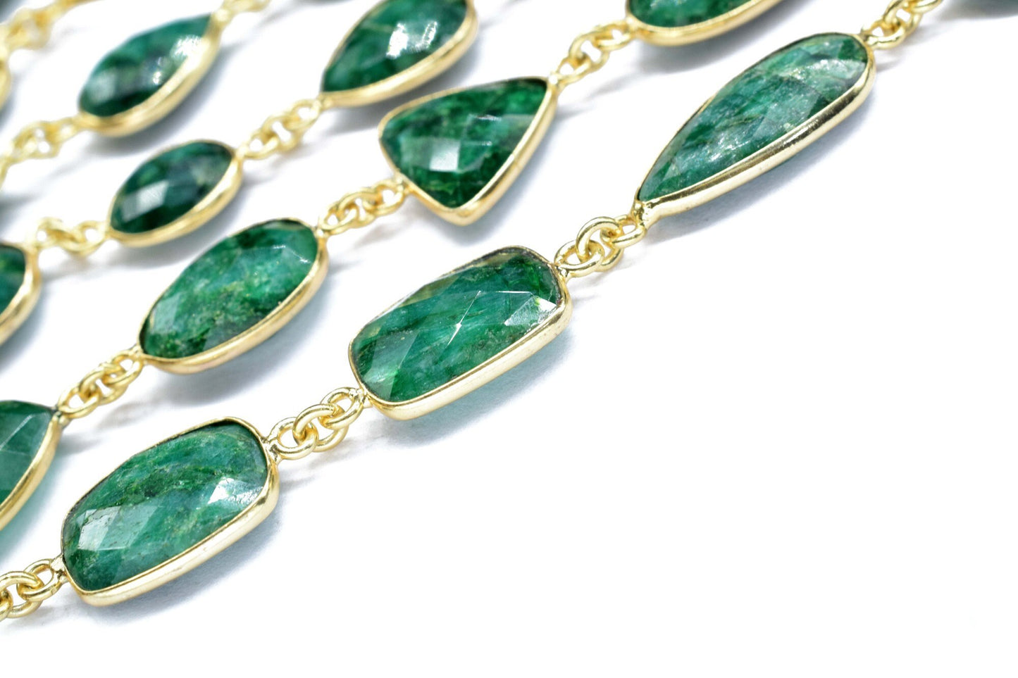Natural Emerald Faceted Connectors, Gold Bezel Chain, Free Size Gemstone Connector, Handmade Station Bezel Link Chain, Emerald Bezel Jewelry