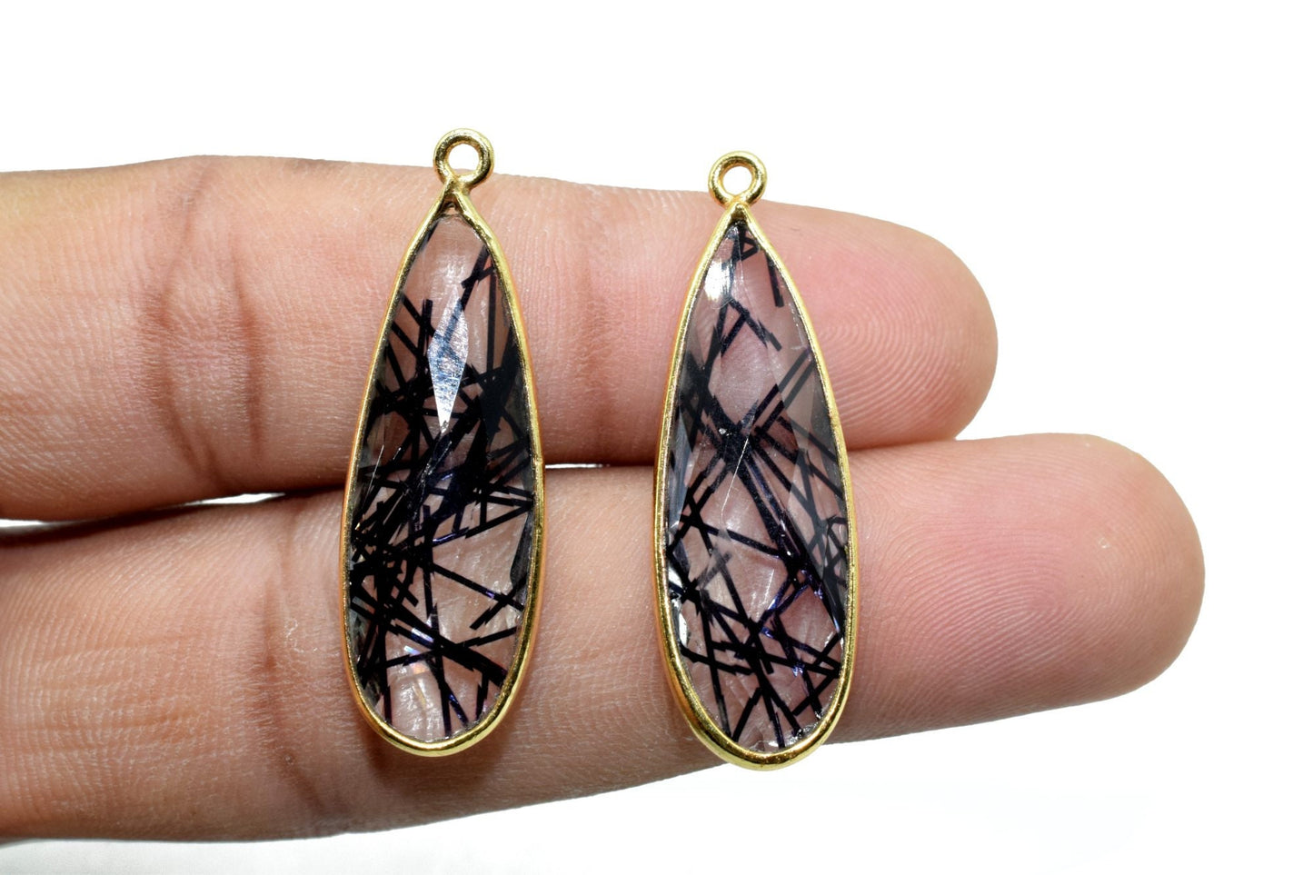 Black Rutile 10x30mm Charm, Black Rutile Pendant, Teardrop Pendant, Faceted Black Rutile, Gemstone Charm, Gemstone Pendant, Dainty Charms