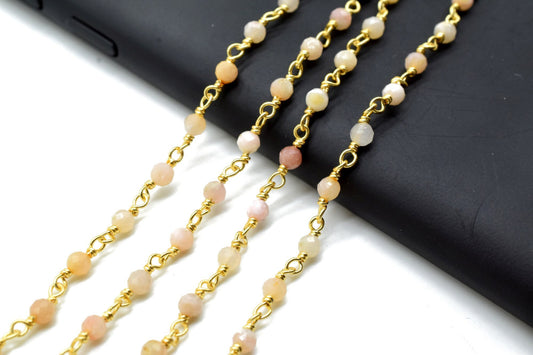 Pink opal 3mm Beaded Chain,beaded chain, rosary chain, jewelry making supplies,wire wrapped Rosary,Opal Beads, Priced Per Foot,Rosary Style