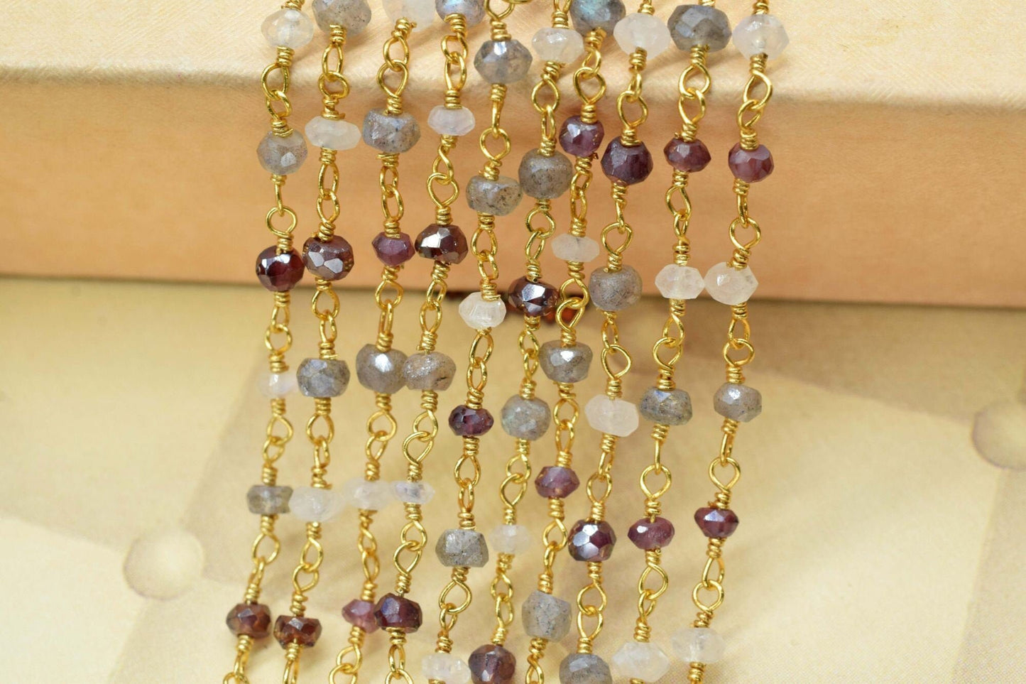 Labradorite 3mm Beaded Chain,garnet Rosary Chain,Gold Plating Wire Wrap Chain,moonstone beaded chain,combination rosary,multi gemstone,craft
