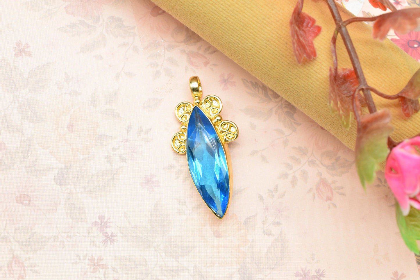Sky Topaz Pendant Charm,Gemstone Marquise Shape Pendant,Handmade Craft,Women Pendant Jewelry,Statement Pendant,Loop Pendant,Brass Pendant