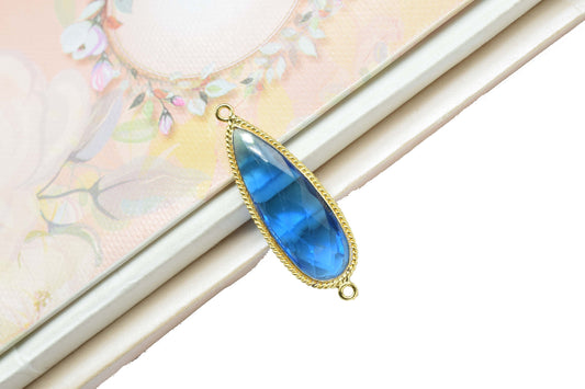 Blue Topaz Gemstone 10x30mm Teardrop Charm,Topaz Quartz Gold Plated Double Bail Connector,blue Topaz Teardrop Shape Pendant Jewelry Making
