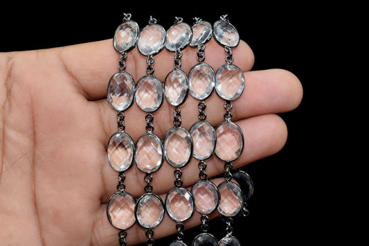 Crystal Bezel link Chain I Handmade Bezel Link Chain,Clear Quartz black rhodium Bezel Chain IBrass Chain,Gemstone Connector Chain Per Foot