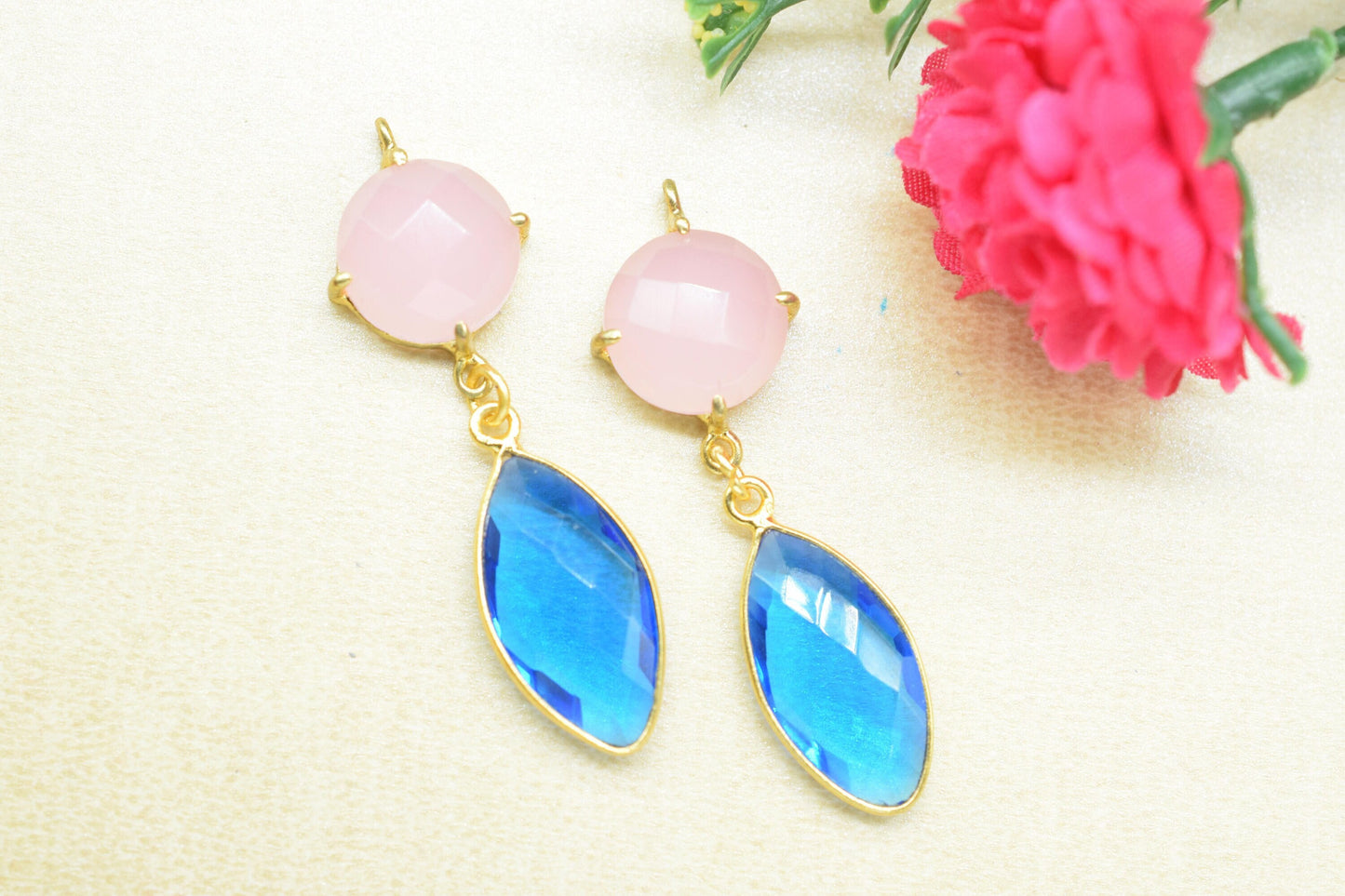 Rose Quartz Prong Bezel Charms Connector/Handmade Jewelry/Blue Topaz Jewellery/Earring Connector/Station Bezel Link Pendant/Women Jewelry