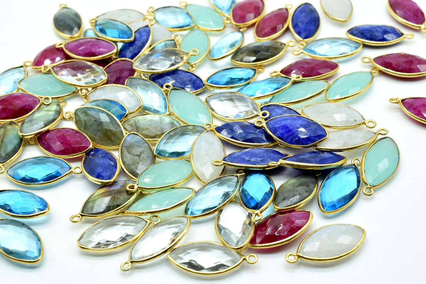 Sky Topaz 10x20mm Marquise shape charm,Brass Gold Plated bezel,Sky Topaz Faceted Briolette Connector,Topaz Bezel Pendant,Sky Topaz connector