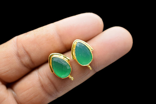 Green Onyx Studs Connector/Gold Plated Earring/Handmade Studs/Bezel Set Studs/Teardrop Earring/Women Jewelry/Onyx Connector Studs/B'day Gift