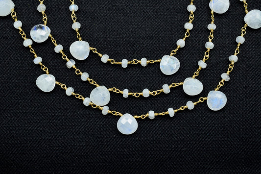 Moonstone 3mm Beaded Heart shape rosary Chain,Moonstone Heart Shape Rosary Chain,Sold By Foot,Moonstone briolettes beaded chain,Moonstone