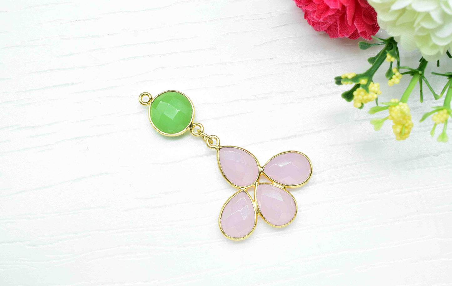 Prehnite  Pendant Charms , Rose Quartz   Dangle Earring Component , Multi Gemstone Dangle Earring , Component Jewelry , B'day Gift