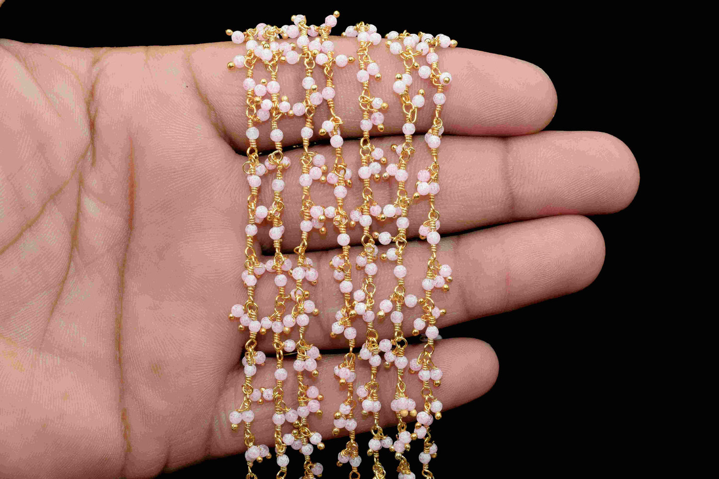 Natural Rose Quartz 2mm Round Cluster Bead Chain,Exceptional Pink Quartz Cluster Rosary,Gold Plated Wire Rosary Bead,Jewelry Making Supplies