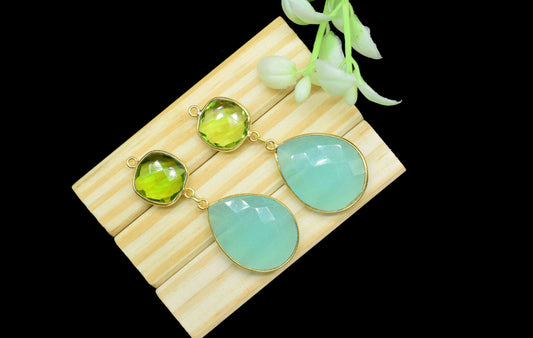 Aqua Chalcedony Component pendants,Multi Gemstone Dangle Earring,Peridot Connector jewelry,Dangle pendant Charms,Handmade Station Bezel Link