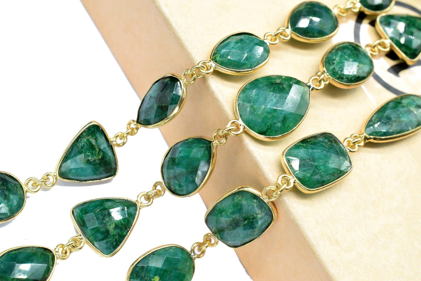 Natural Emerald Faceted Connectors, Gold Bezel Chain, Free Size Gemstone Connector, Handmade Station Bezel Link Chain, Emerald Bezel Jewelry