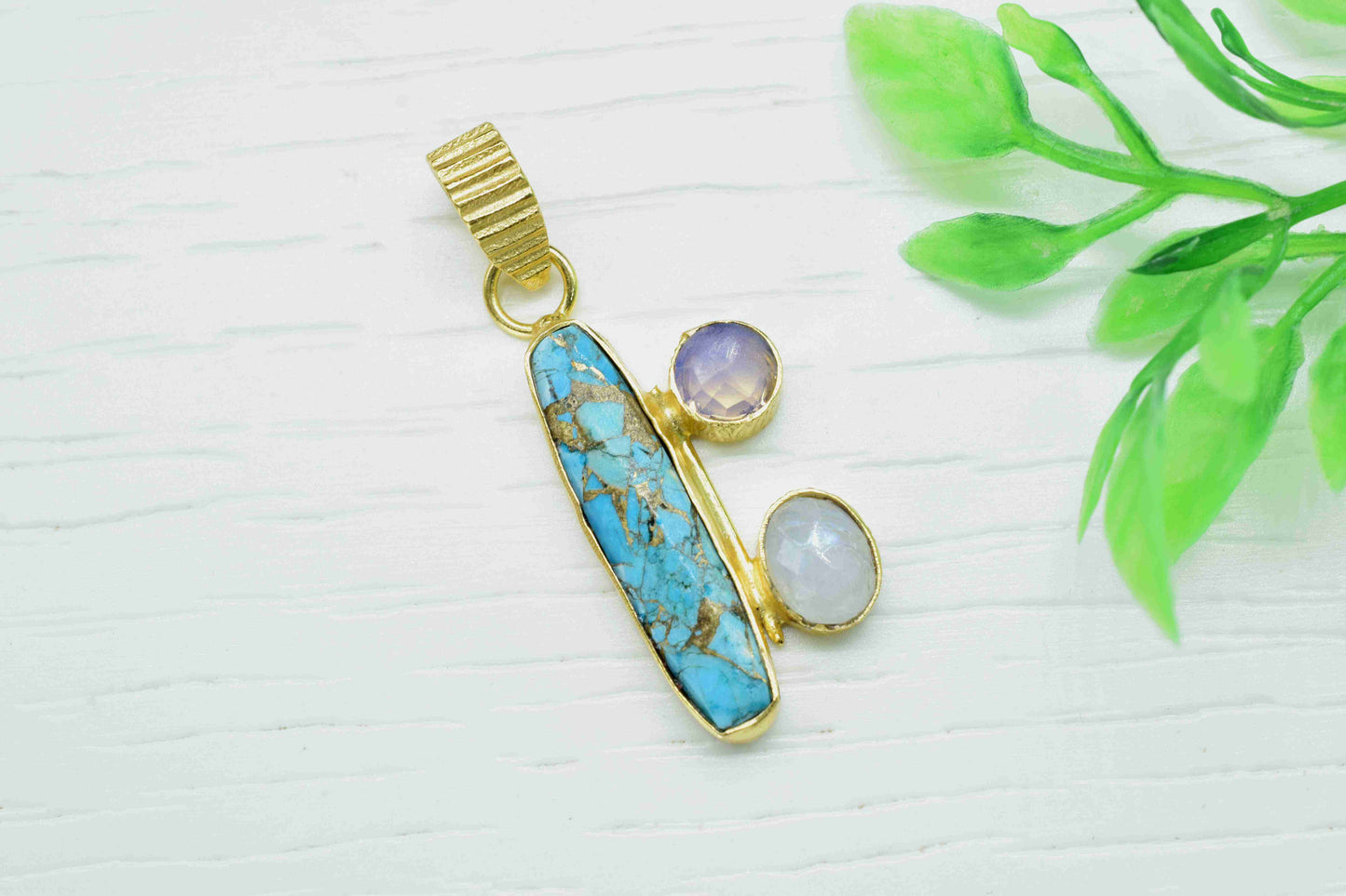 Multi Gemstone Pendant,Copper Turquoise 6x25mm Rectangle Shape Pendant,Moonstone Pendant,Single Bail Pendant,Opalite Gemstone Pendant,Gift