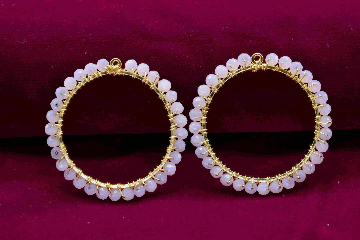 Pink Chalcedony Wire Wrapped Dangle Connector, Beaded Hoops Earring, Circle Pendant Component, Handmade Earring, Finding Pink Quartz Jewelry