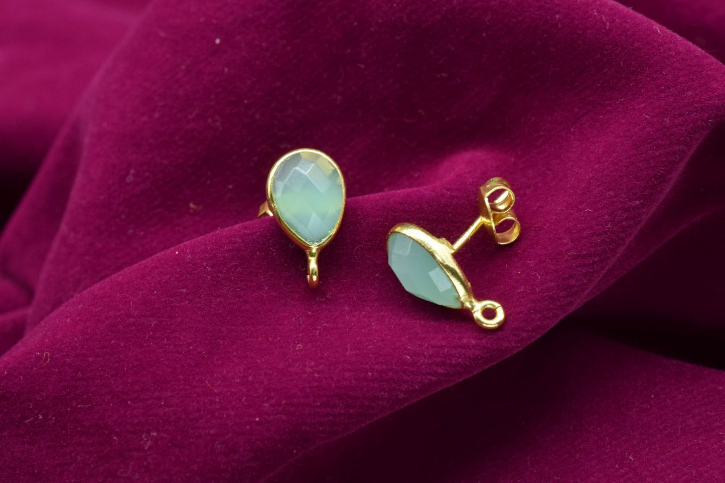 Aqua chalcedony7x10mm Teardrop shape Earring connector Stud post setting with loop open bail, Aqua chalcedony Gold Plated Earring With Loop