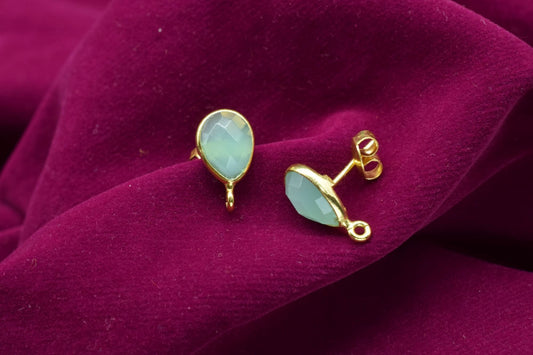 Aqua chalcedony7x10mm Teardrop shape Earring connector Stud post setting with loop open bail, Aqua chalcedony Gold Plated Earring With Loop