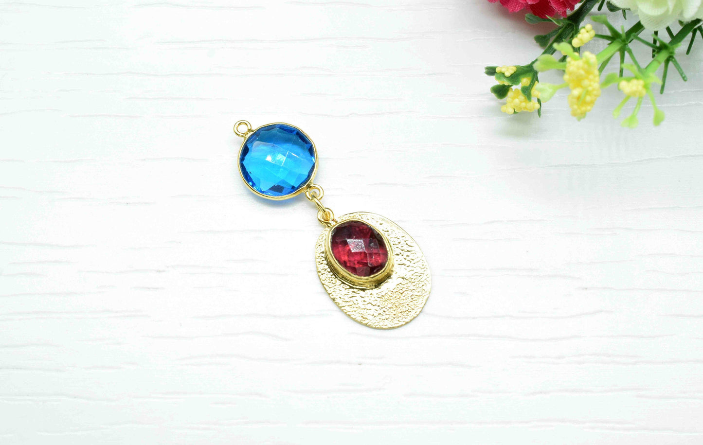 Blue Topaz  Pendant Charms , Pink Tourmaline Dangle Earring Component , Multi Gemstone Dangle Earring , Component Jewelry , B'day Gift