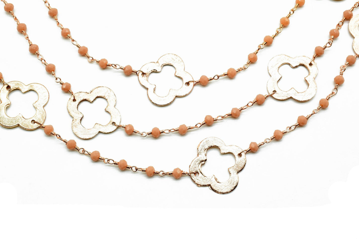 Peach Agate 3mm Beaded Chain,Peach Agate Rosary Chains,Peach Agate Gold Plating Wire Wrap Chain,Brass chain,charm rosary,clover rosary chain