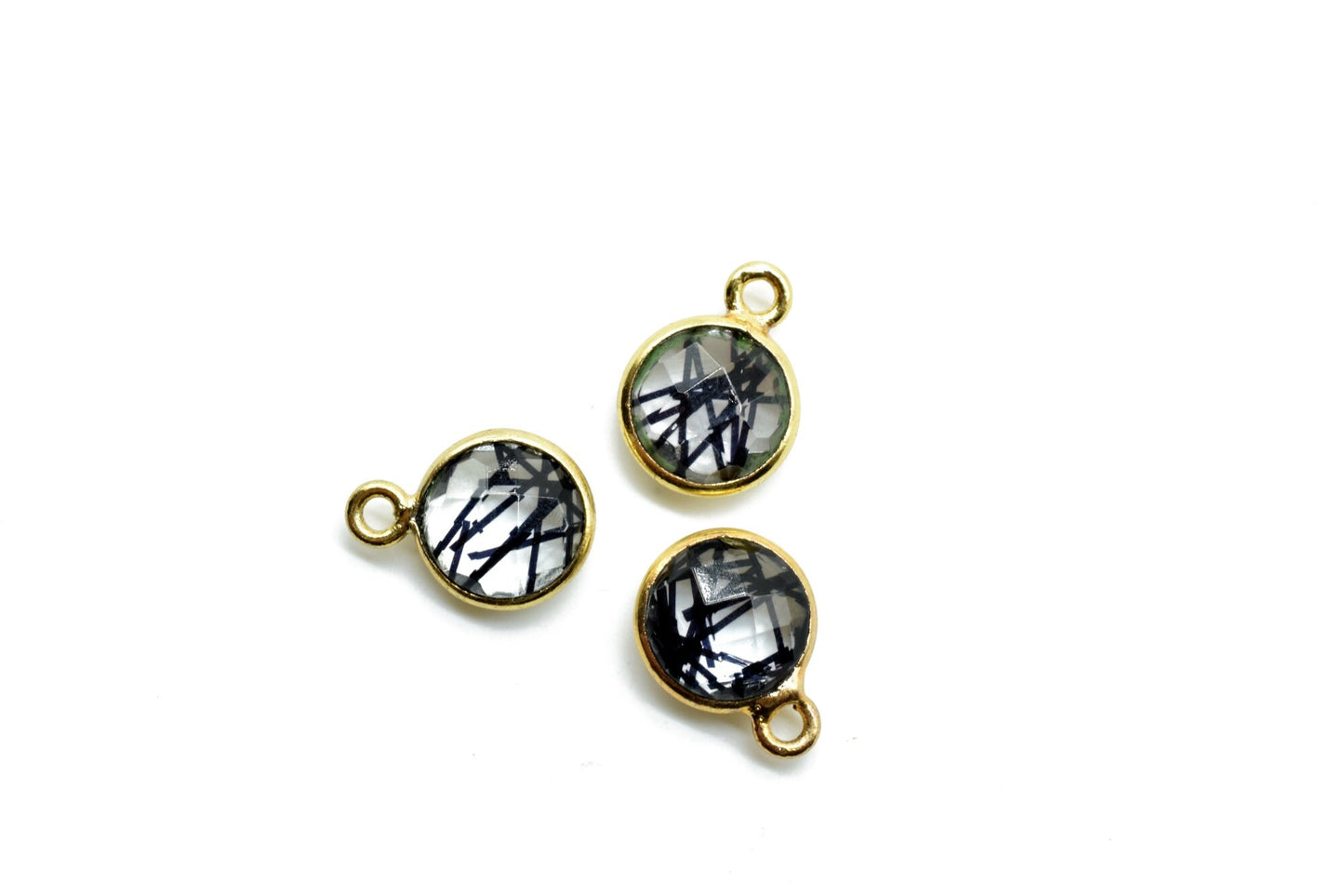Black Rutile 8mm charm,Black Rutile Pendant,Black Rutile Round Gold Plated bezel, Rutile Vermeil Bezel,jewelry making charm,Brass connecotr