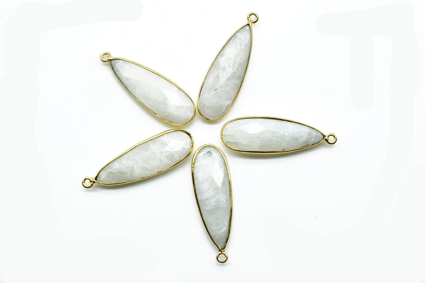 Moonstone 10x30mm Teardrop Charm,Rainbow Moonstone Gemstone Connectors,Gold Plated connectors,Single Bail Connector,Teardrop Shape Pendant