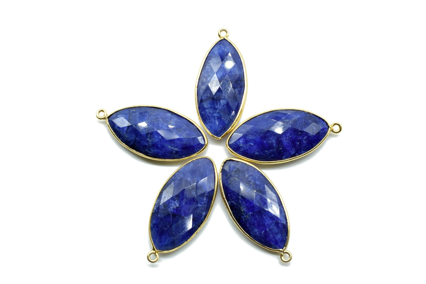 Blue Sapphire 15x30mm Marquise shape single bail connector,Sapphire Brass Gold Plated bezel,Sapphire Connectors,Sapphire gold Bezel Pendants