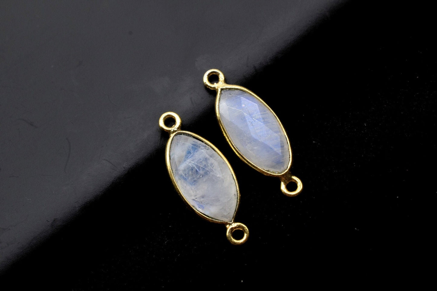 Moonstone 8x16mm marquise shape double bail charm,Moonstone marquise Connector Pendant, White Rainbow Bezel Link Double Bail Connector,