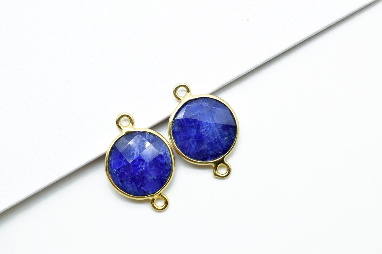 Genuine Blue Sapphire 12mm Round double bail connectors,Sapphire Round Gold Plated bezel,Jewelry making charms,Sapphire Brass connectors,