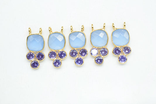 Blue Chalcedony 8mm Cushion shape Bezel charms,Blue Chalcedony Pendant,Gemstone connector,Chalcedony Jewelry,Cubic zirconia Bezel charm,p001