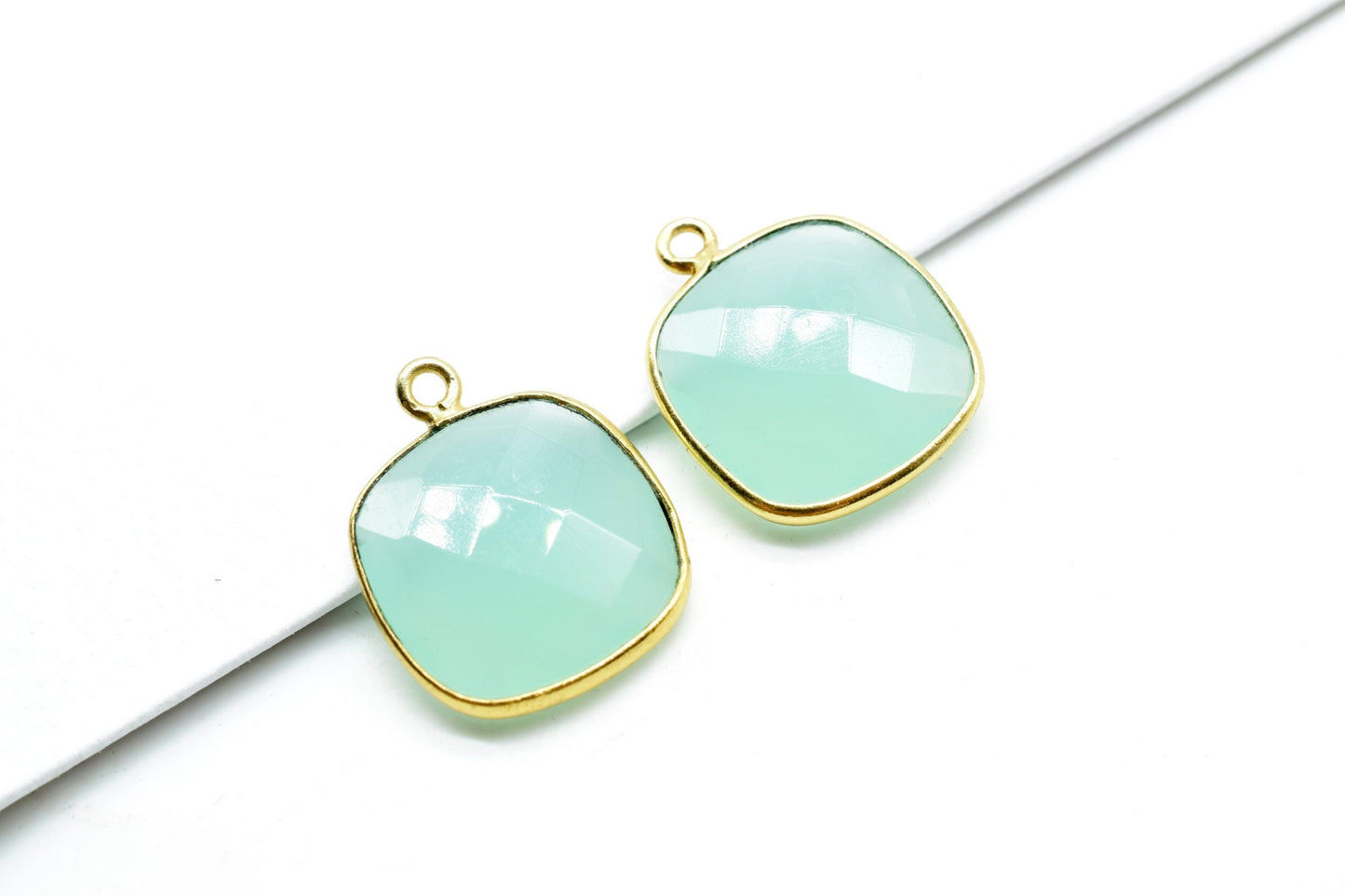 Aqua Chalcedony 14mm Cushion Bezel charm,Aqua Chalcedony Bezel Findings Cushion Charms,Cushion Shape Connectors,Single Bail Loop Gold Plated