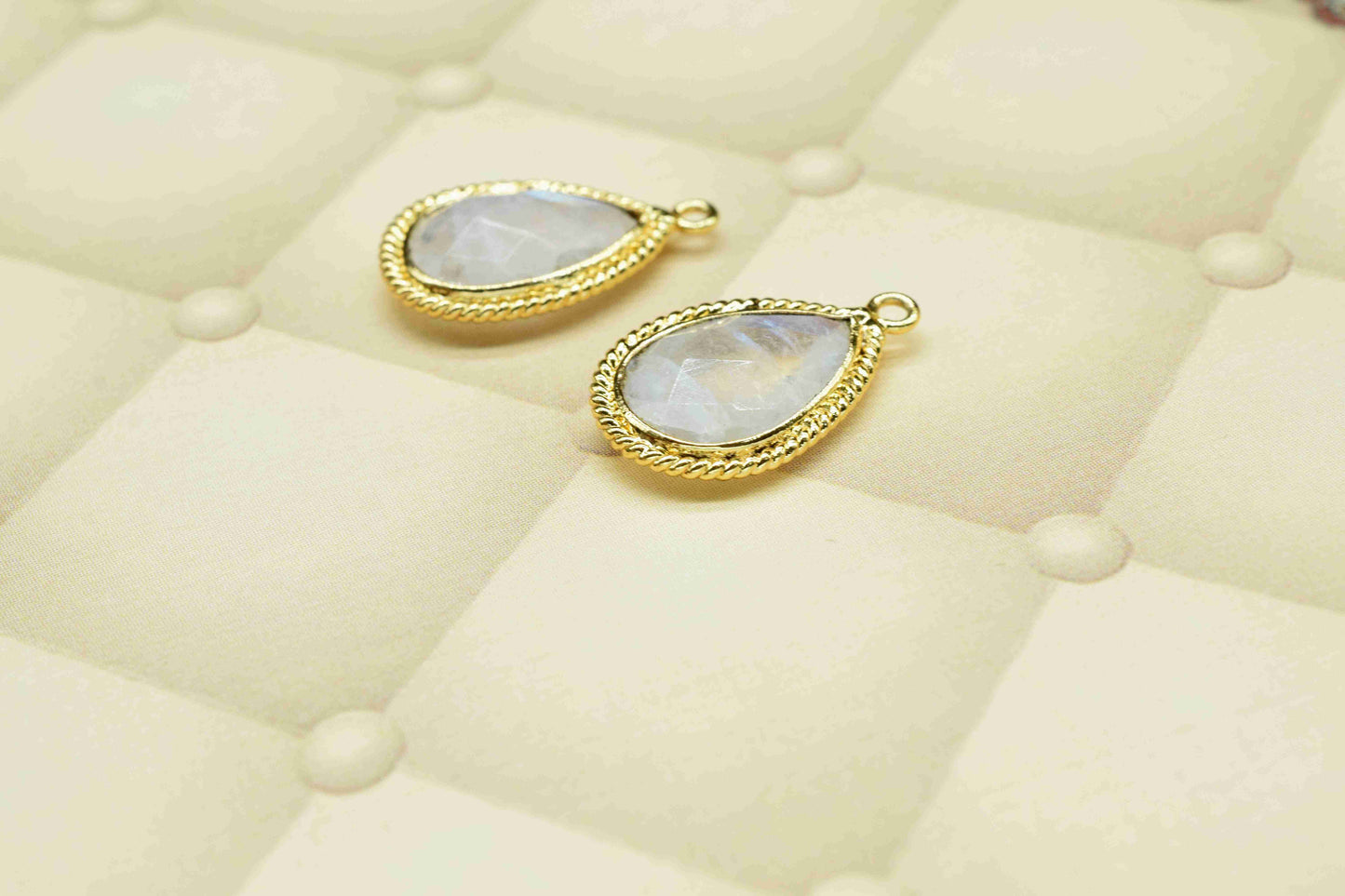 Rainbow Moonstone Pear Shape Single Bail Connector,Moonstone 9x13mm Teardrop Pendant,Moonstone Gold Plated Bezel,Jewelry Making Charms Gift