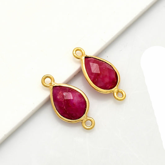 Genuine Ruby 7x10mm Bezel connectors,ruby Teardrop Shape Gold Plated bezel,Gold Vermeil Bezel,Ruby jewelry making charm,Gold-Filled bezel