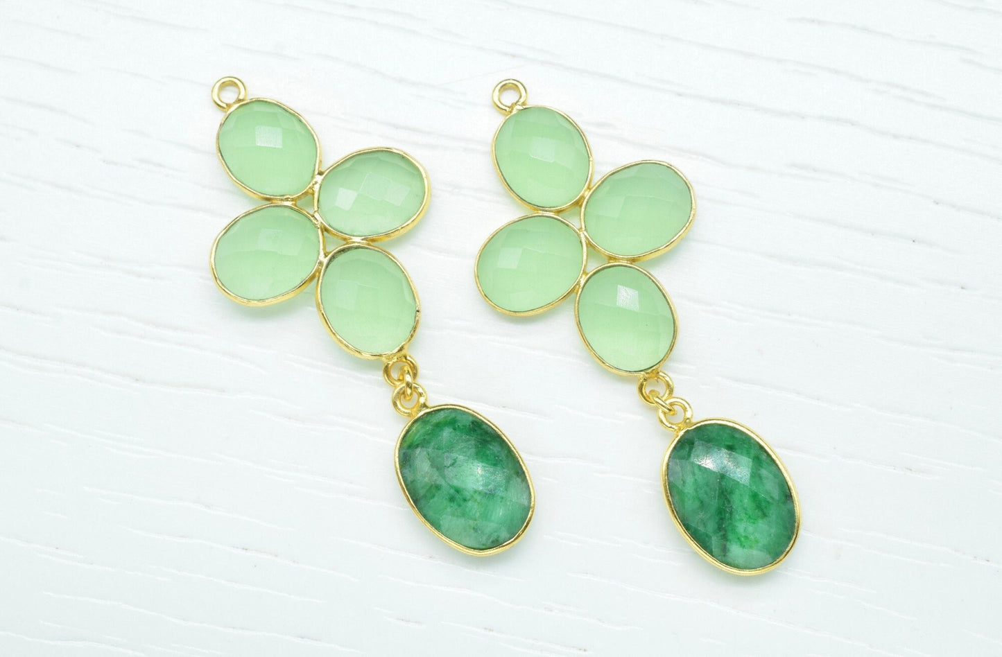 Prehnite Earring Connector,Mixed Gemstone Bezels Pendant Charm,Station Link Connector,Emerald Pendant Jewelry,Handmade Component Jewelry