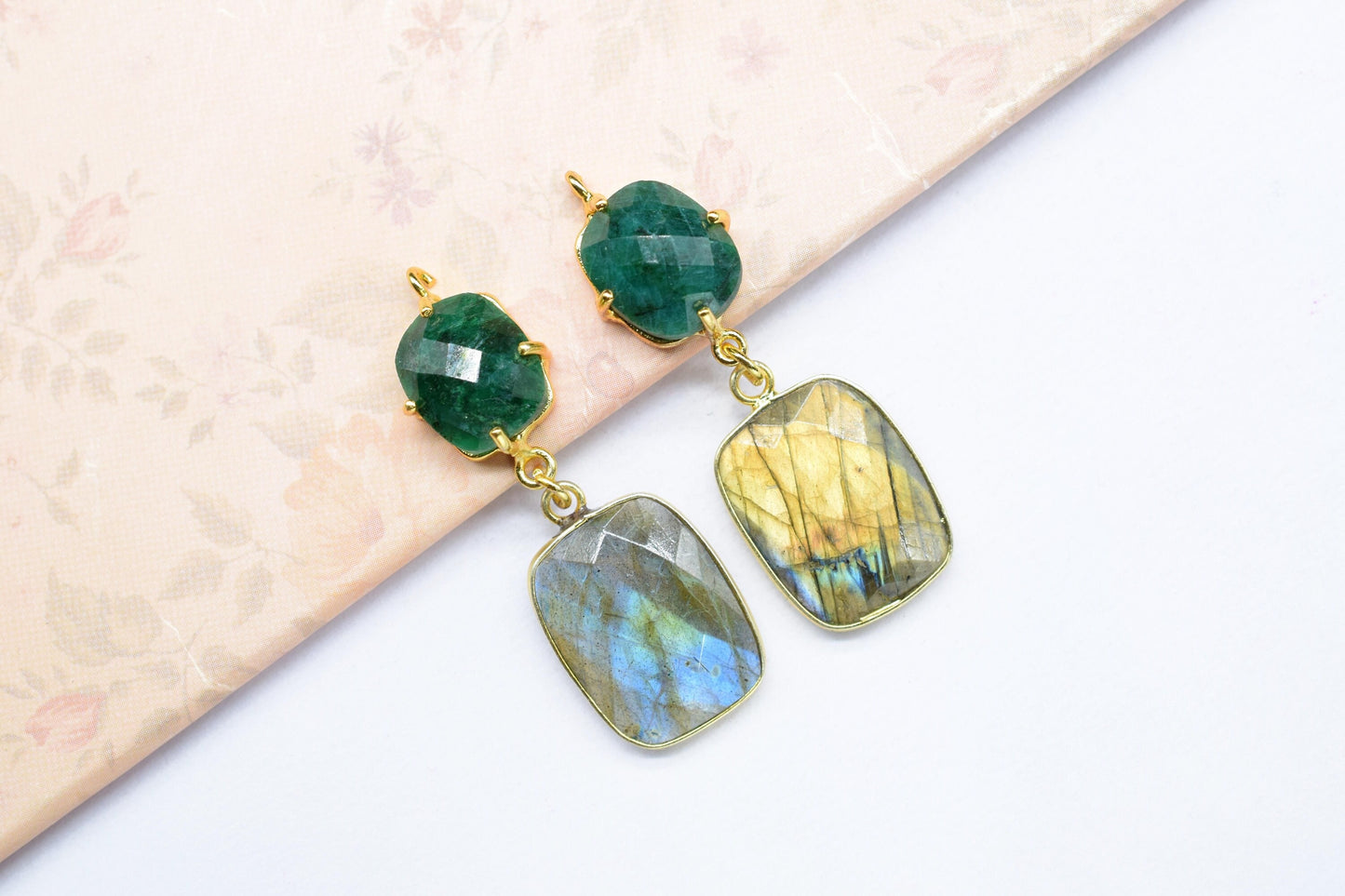 Natural Emerald Prong Setting Bezel Charm/Handmade Pendant/Labradorite Connector/Earring Connector/Multi Stone Pendant/Station Bezel Link
