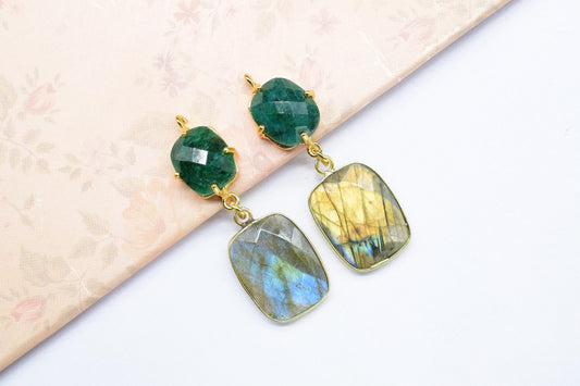 Natural Emerald Prong Setting Bezel Charm/Handmade Pendant/Labradorite Connector/Earring Connector/Multi Stone Pendant/Station Bezel Link