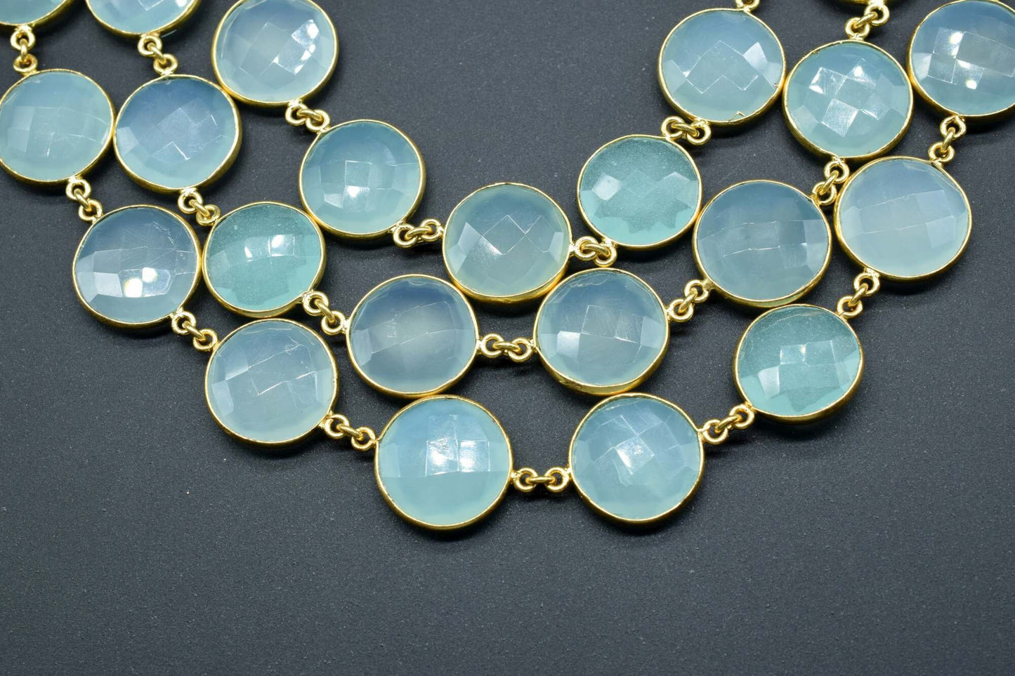Aqua Chalcedony Round Connector Chain,Chalcedony Gold Bezel Connector Chain,Round Aqua Chalcedony Faceted Gemstone,Gold Plated Rosary Chain