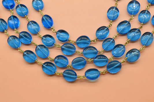 Blue Topaz Oval Shape Rosary,Blue Topaz Oval Beaded Chain,Topaz Wire Wrapped Rosary,Blue Topaz Briolette Beads,Rosary Chain Gold Plated Wire