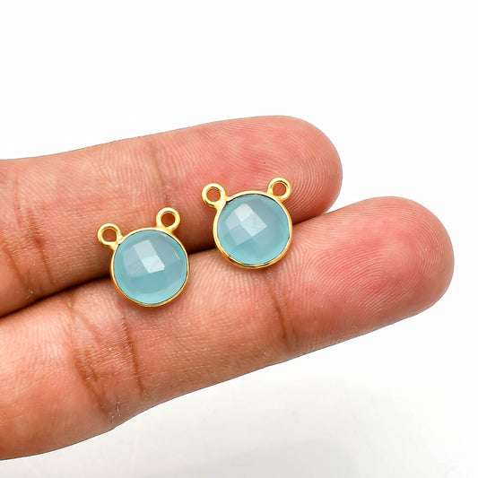 Blue chalcedony 10mm Round Bezel double connector,Chalcedony Gold Plated bezel,chalcedony Bezel,Gold Vermeil Bezel,jewelry Gold-Filled bezel