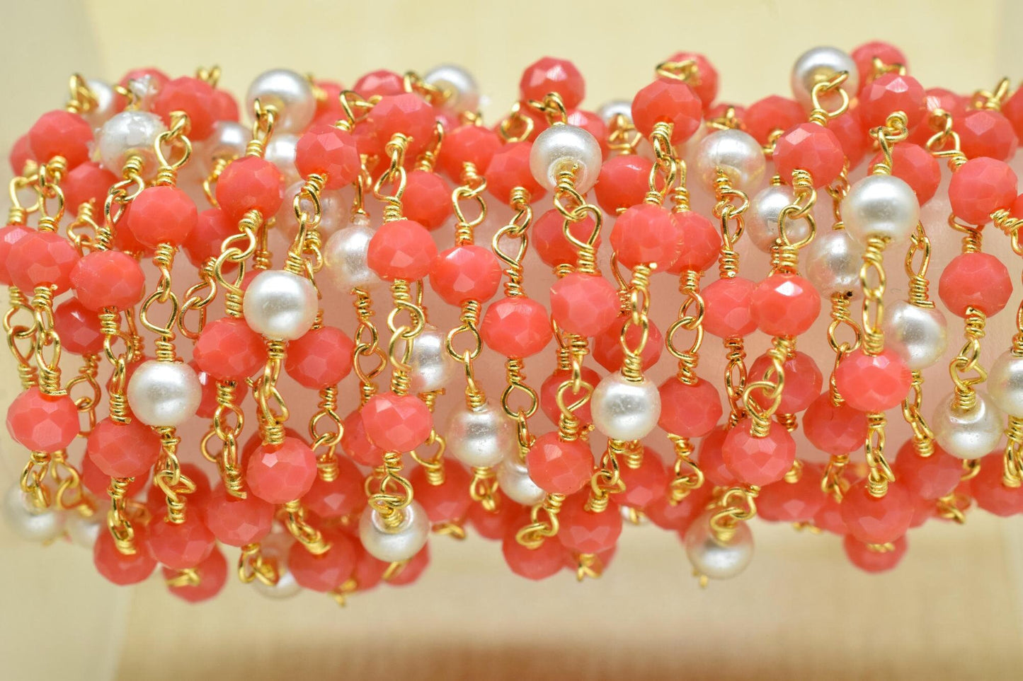 Red Coral Rondelle Beaded Rosary Chain,Gemstone Rosary Chain,Handmade Jewelery Making Craft,Pearl Wire Wrap Rosary Chain,Finding Chain Gift